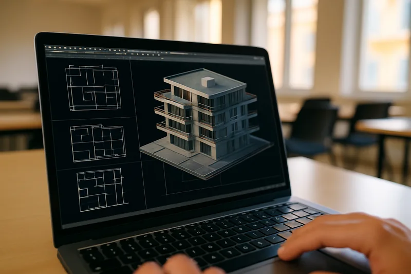 Écran AutoCAD affichant un plan de bâtiment en cours de modélisation 3D à Nice