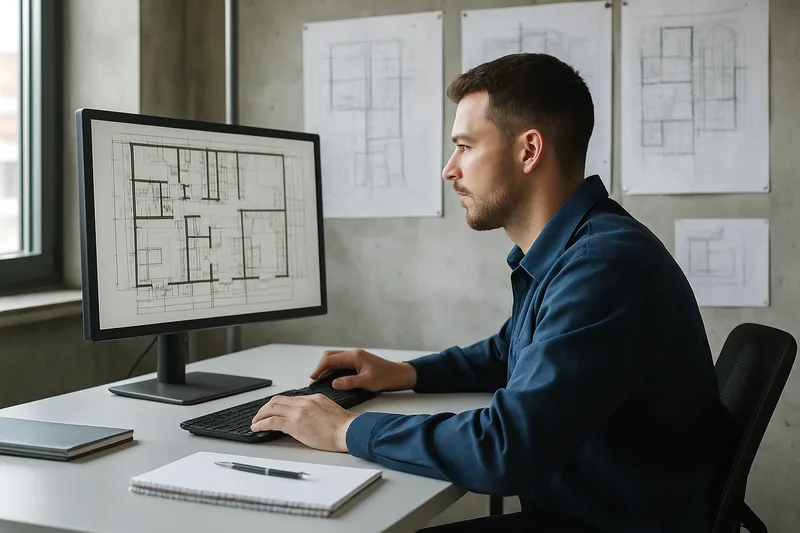 Technicien en bureau d'études travaillant sur des plans CAO 3D à Nîmes