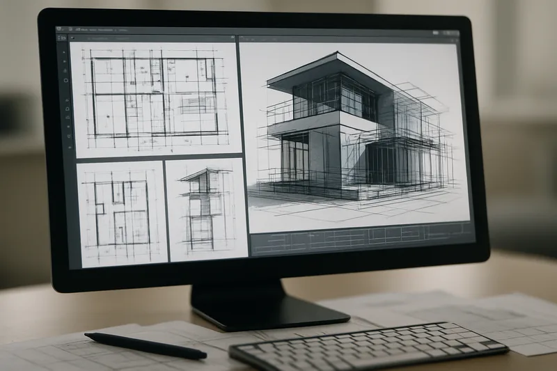 Écran de logiciel AutoCAD avec modèle 3D de bâtiment dans le cadre d'une formation CAO à Nîmes