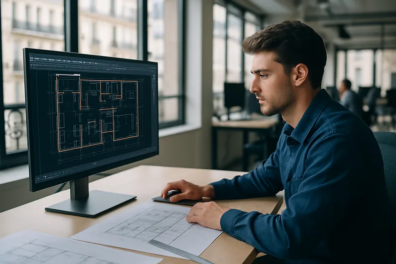 Formation CAO 3D à Paris : technicien travaillant sur un plan architectural sur ordinateur dans un bureau moderne