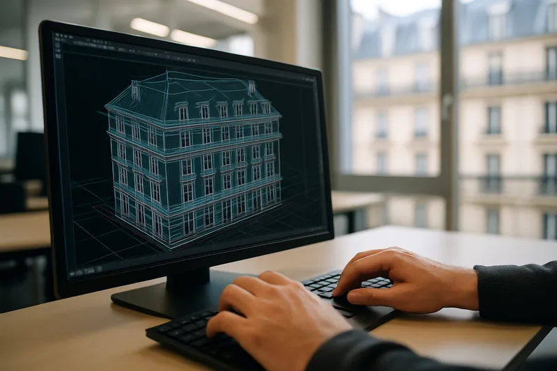 Écran AutoCAD affichant un modèle 3D architectural en cours de conception lors d'une formation CAO 3D à Paris