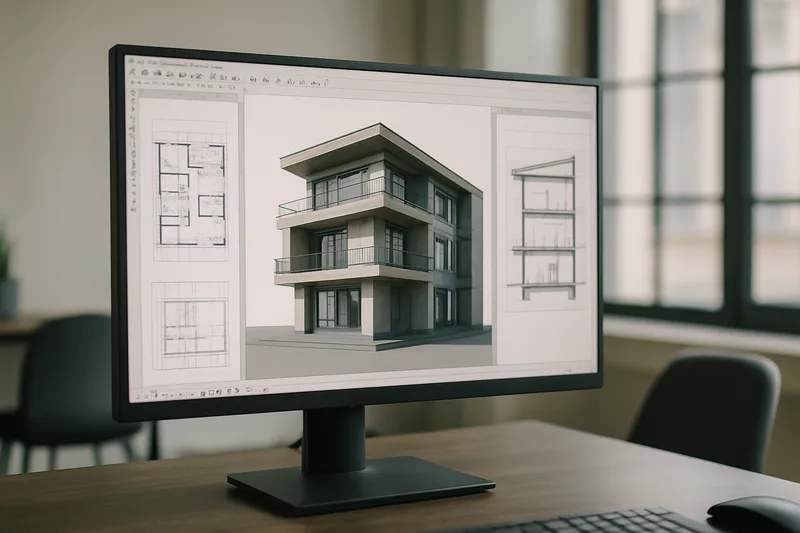 Modèle 3D d'un bâtiment en cours de conception sur logiciel CAO à Rennes