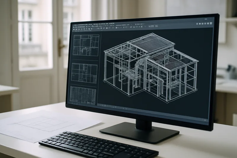 Écran de modélisation 3D CAO d'un bâtiment industriel sur AutoCAD ou Revit, formation à Saint-Étienne