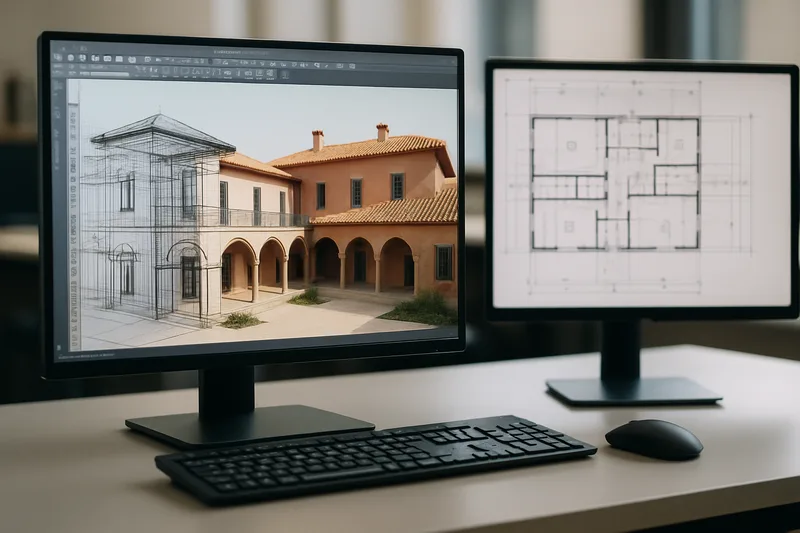 Logiciel CAO 3D sur écran d'ordinateur — modélisation de bâtiment pour formation à Salon-de-Provence