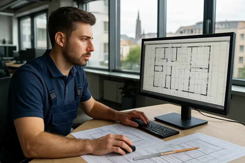 Technicien bureau d'études CAO 3D à Strasbourg travaillant sur des plans de bâtiment