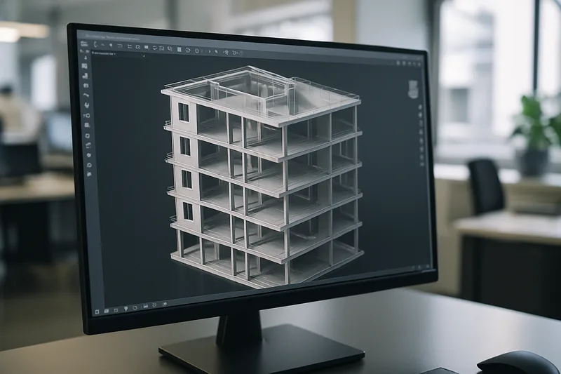 Écran AutoCAD affichant un modèle 3D de bâtiment en cours de conception à Strasbourg
