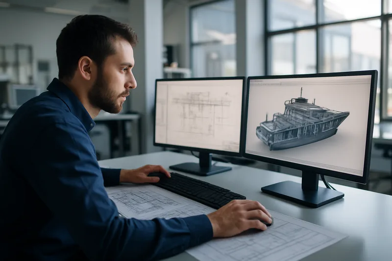 Technicien bureau d'études CAO 3D à Toulon travaillant sur des plans de construction navale
