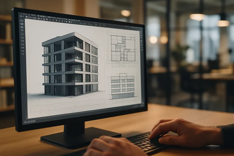 Écran de logiciel CAO 3D avec modèle architectural en cours de conception pour un projet BTP à Toulon