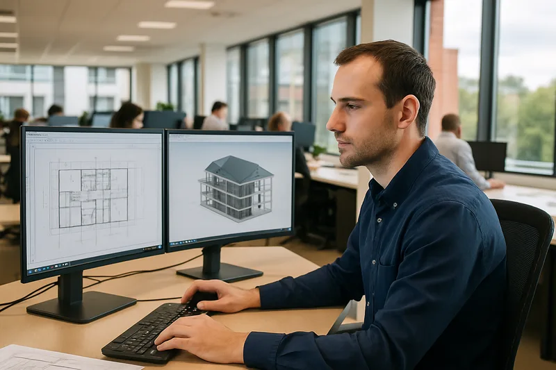 Technicien en bureau d'études à Toulouse travaillant sur des plans CAO 3D