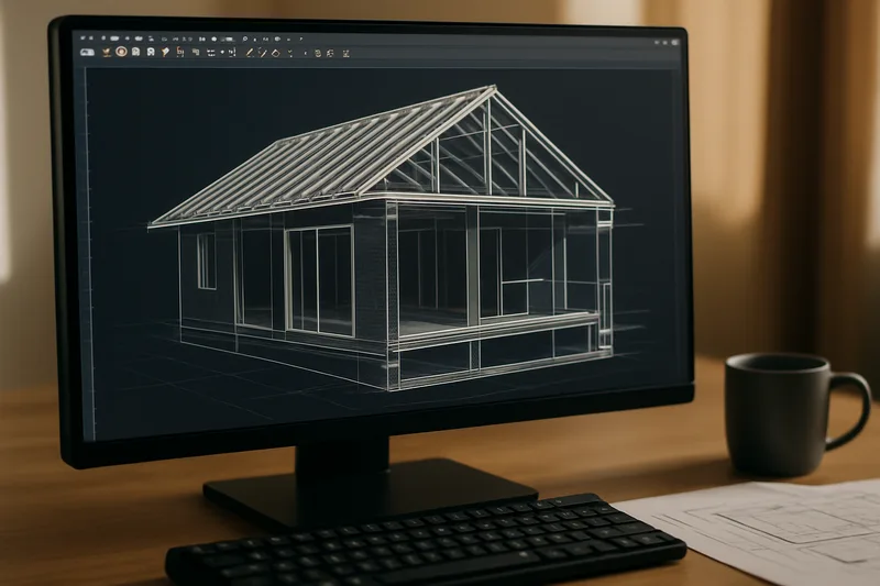 Écran de logiciel CAO 3D avec modélisation d'un bâtiment en cours à Toulouse