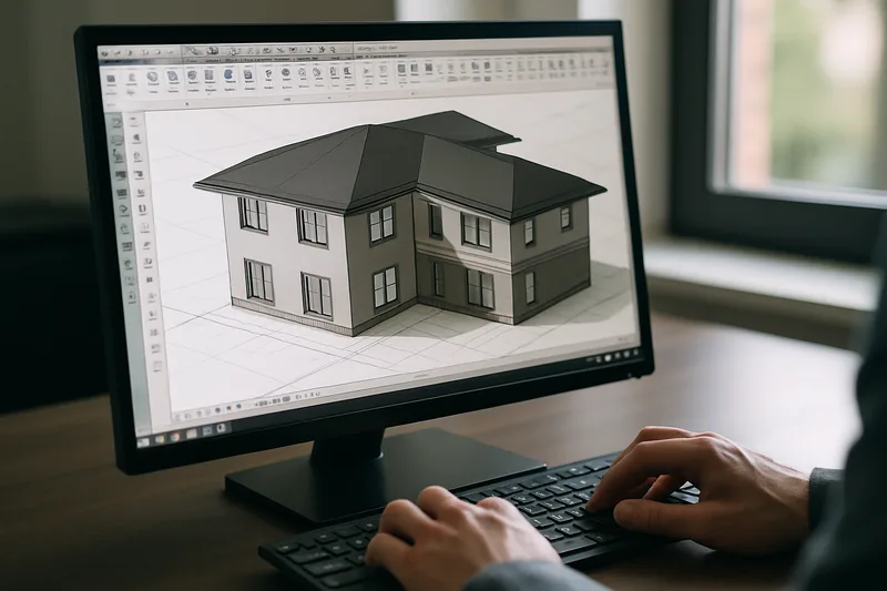 Écran logiciel CAO 3D avec modèle architectural en cours de conception — formation CAO 3D Villeurbanne