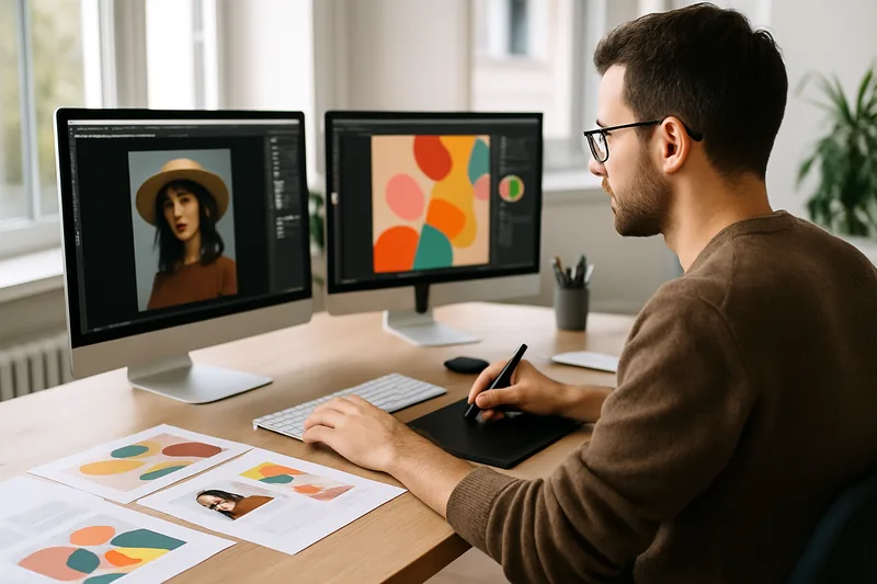 Formation PAO à Angers : graphiste travaillant sur la chaîne graphique Adobe dans un studio de communication