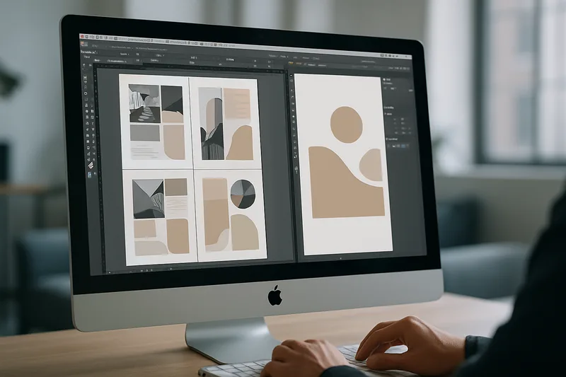 Écran Adobe InDesign et Illustrator lors d'une formation PAO à Angers, mise en page d'une plaquette professionnelle