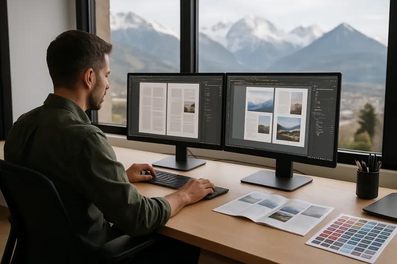 Infographiste PAO travaillant sur une mise en page à Annecy, Haute-Savoie