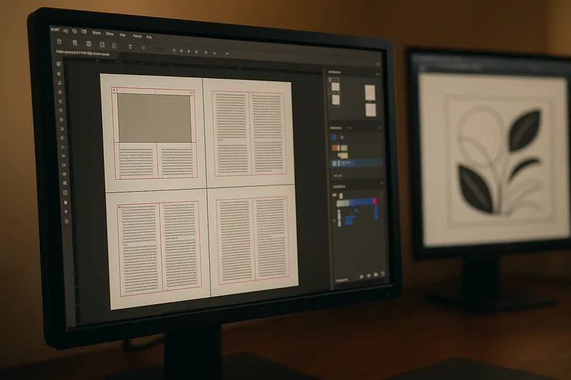 Écran InDesign lors d'une formation PAO à Bordeaux — mise en page d'une brochure multipage professionnelle