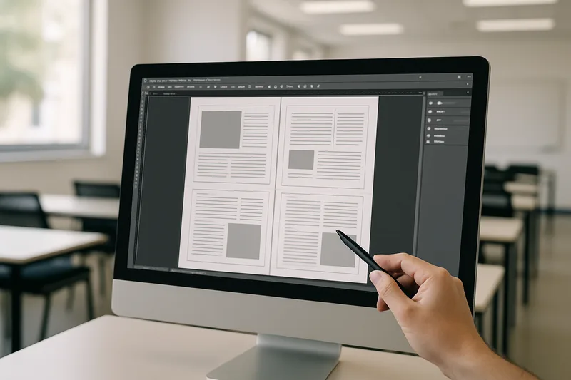 Écran Adobe InDesign avec mise en page d'une brochure lors d'une formation PAO à Dijon