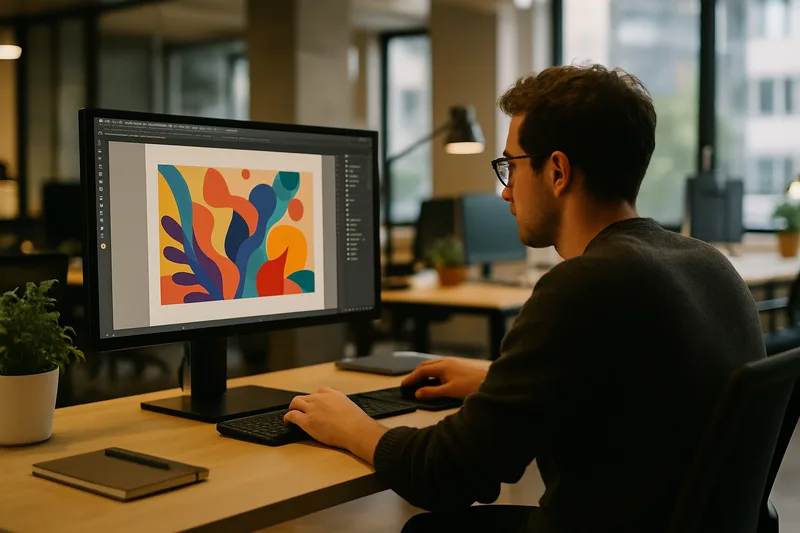 Graphiste en formation PAO à Grenoble travaillant sur une composition Adobe Illustrator