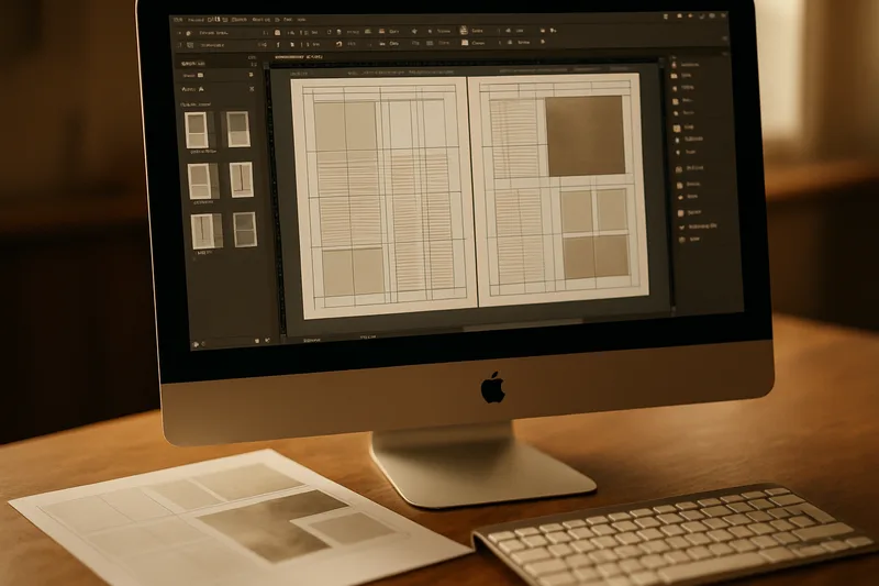 Écran Adobe InDesign avec mise en page d'une plaquette commerciale lors d'une formation PAO à Istres