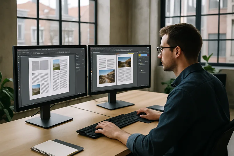 Graphiste PAO travaillant sur une mise en page à Lille dans un studio de communication