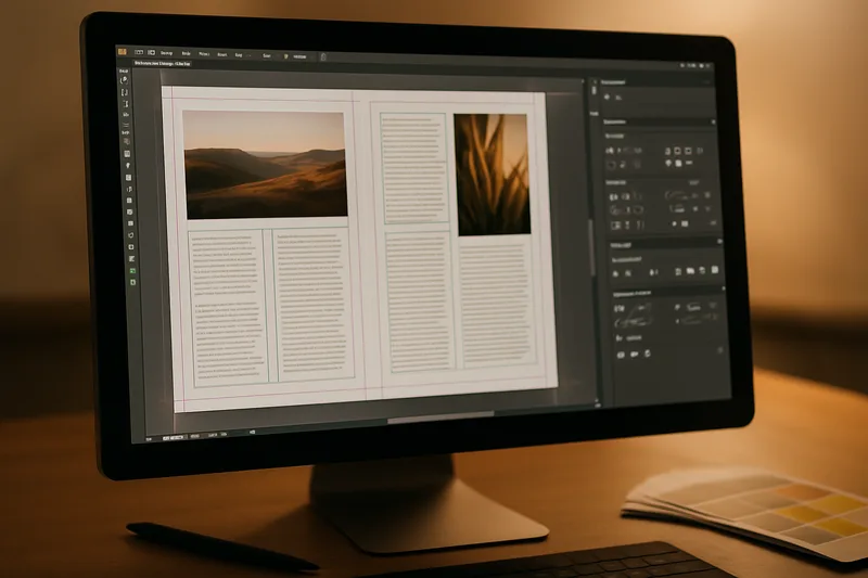 Écran InDesign lors d'une mise en page de brochure — formation PAO Marseille