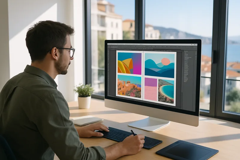 Graphiste PAO travaillant sur un projet de communication visuelle à Martigues
