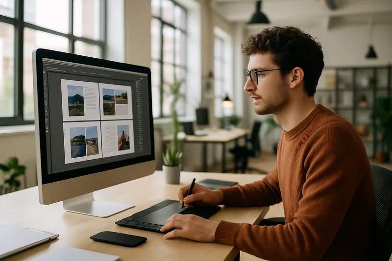 Formation PAO à Montpellier — graphiste travaillant sur une mise en page InDesign dans un espace de travail lumineux