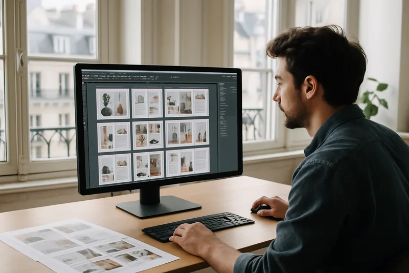 Graphiste PAO à Paris travaillant sur une mise en page InDesign dans un studio de création