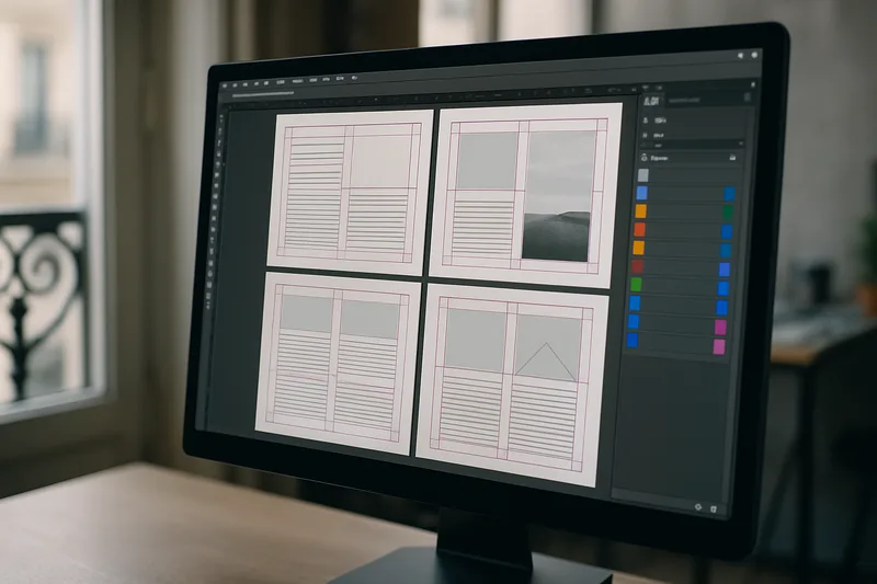 Écran Adobe InDesign affichant une mise en page de catalogue PAO réalisée lors d'une formation à Paris