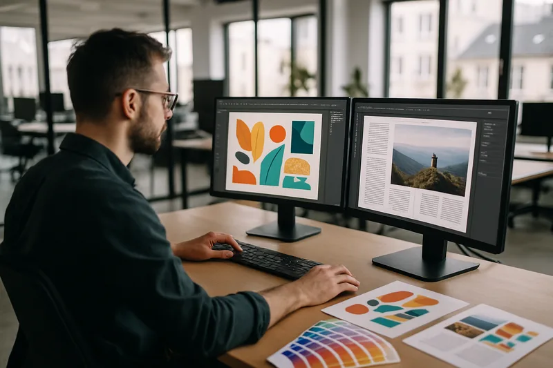 Graphiste travaillant sur la chaîne graphique PAO dans une agence de communication à Rennes