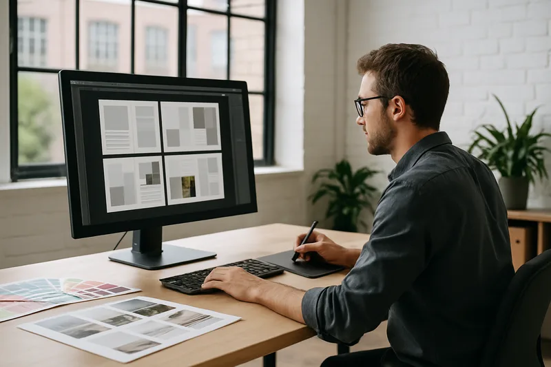 Formation PAO à Saint-Étienne — graphiste travaillant sur une mise en page dans un studio créatif stéphanois