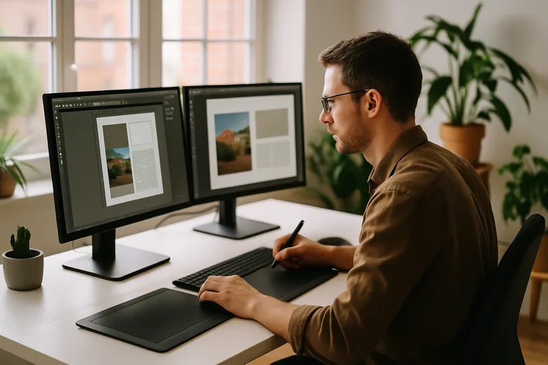 Graphiste PAO travaillant sur un projet de mise en page à Toulouse