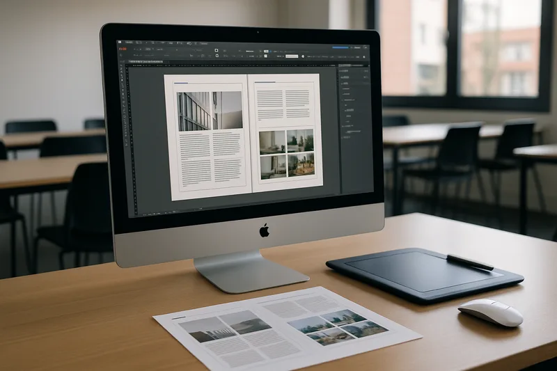 Écran Adobe InDesign montrant une mise en page professionnelle réalisée lors d'une formation PAO à Toulouse