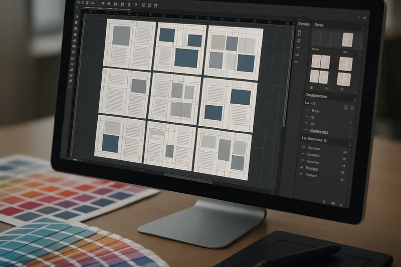 Écran Adobe InDesign montrant une mise en page professionnelle lors d'une formation PAO à Villeurbanne