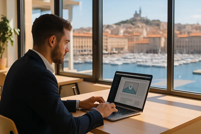 Formation WordPress à Marseille — professionnel travaillant sur son site web avec vue sur le Vieux-Port