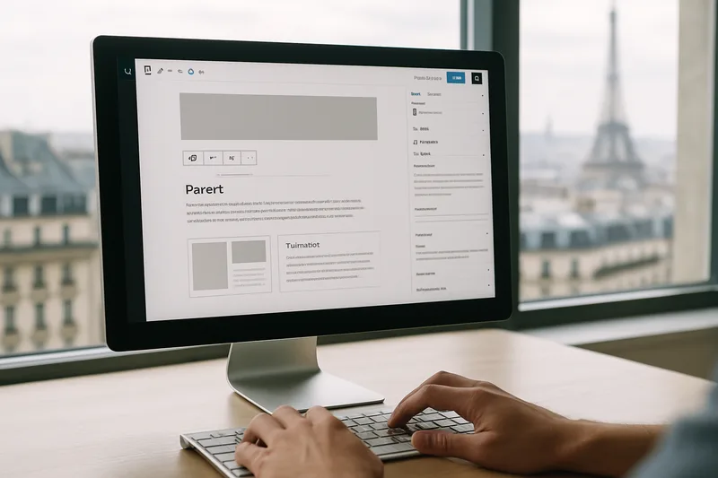 Écran WordPress Paris : éditeur de blocs Gutenberg ouvert sur la création d'une page professionnelle