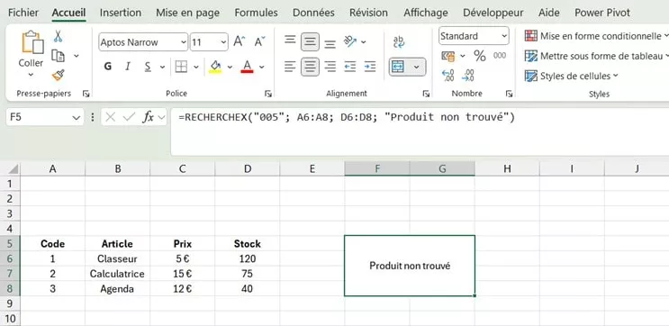 Exemple RECHERCHEX avec gestion d'erreur personnalisée