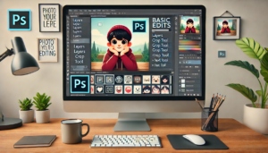 Salle de formation Photoshop avec des étudiants apprenant la retouche photo et la création graphique sur des ordinateurs, accompagnés d’un formateur.