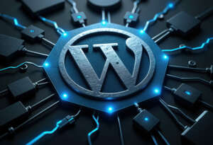 Logo WordPress en 3D avec un réseau numérique connecté, représentant la création de sites web professionnels.