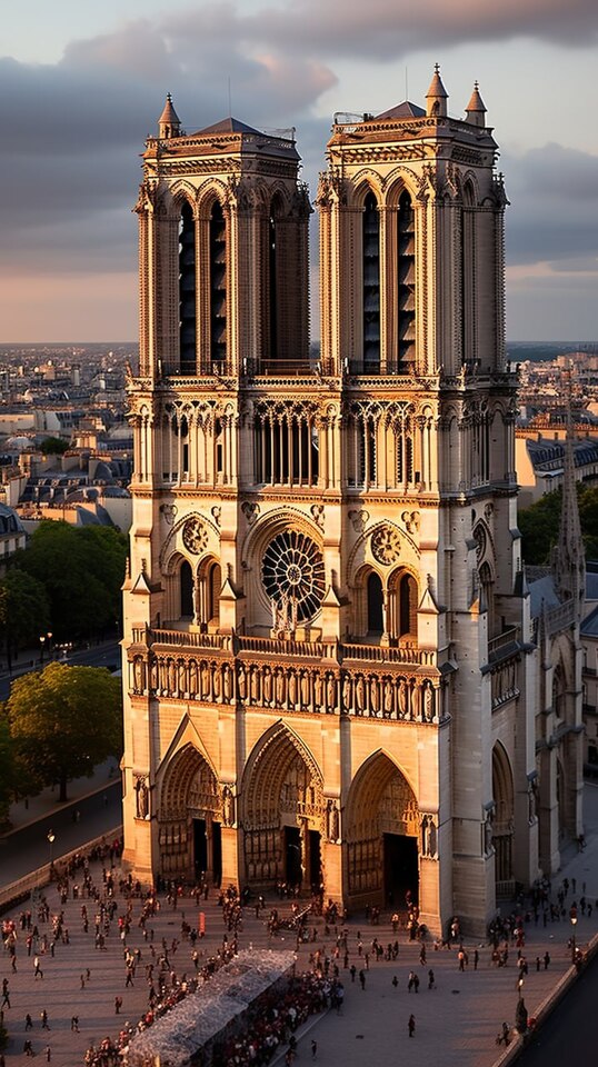 Cathédrale Notre-Dame de Paris éclairée par le soleil couchant, un symbole architectural français.