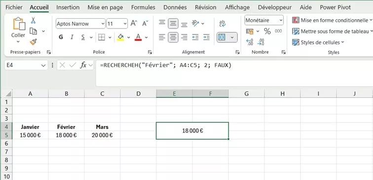 Fonction RECHERCHEH Excel recherchant le chiffre d'affaires de février Exemple RECHERCHEH avec recherche de valeur mensuelle