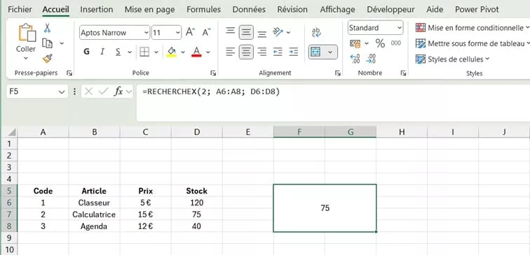 Fonction RECHERCHEX Excel recherchant le stock d'un produit Exemple RECHERCHEX avec recherche de stock