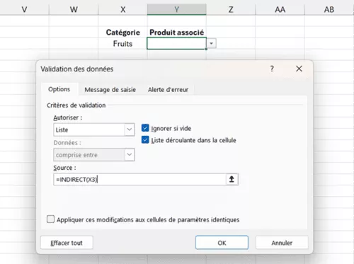 Formule INDIRECT dans la validation des données Excel pour liste conditionnelle