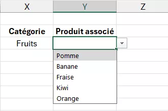 Résultat final avec liste déroulante conditionnelle fruits dans Excel