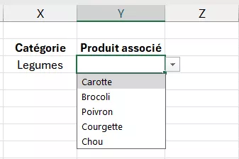 Résultat final avec liste déroulante conditionnelle légumes dans Excel