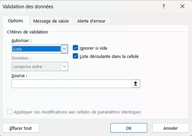 Interface de validation des données Excel pour créer une liste déroulante