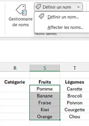 Interface de définition d'un nom de plage dans Excel