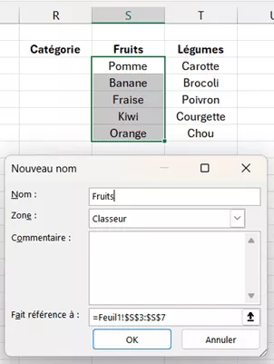 Boîte de dialogue pour nommer une plage de cellules Excel