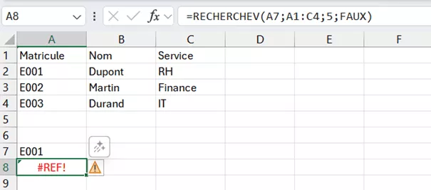 Erreur REF avec RECHERCHEV Excel mauvais numéro de colonne