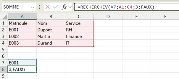 Formule RECHERCHEV complète dans Excel avec syntaxe détaillée
