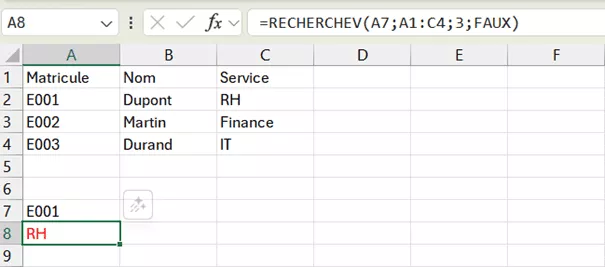 Exemple de tableau Excel avec matricules employés pour fonction RECHERCHEV